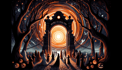 Illustration nocturne d'un paysage mystique avec des aurores boréales en orange et noir pour célébrer Halloween. Un ancien portail en pierre, éclairé
