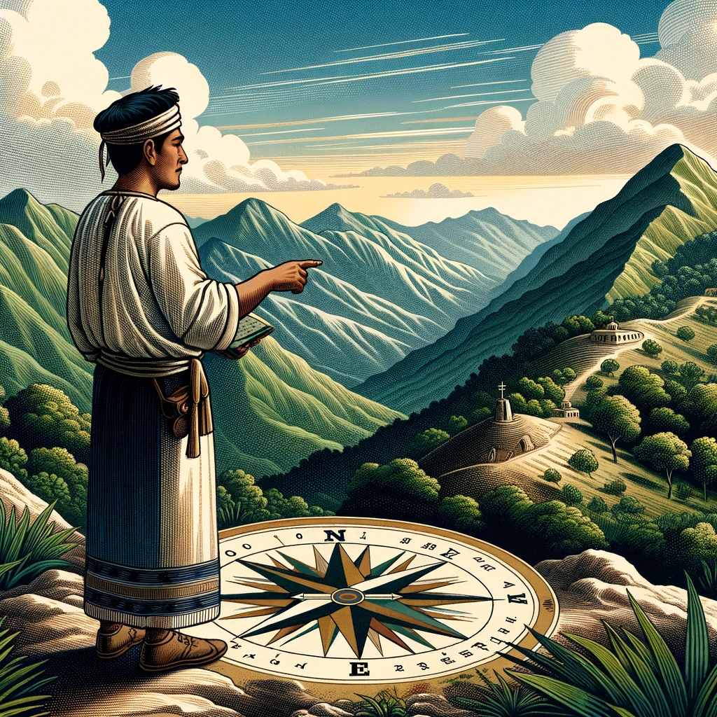 Illustration d'un locuteur Tzeltal de Chiapas, au Mexique, utilisant une boussole basée sur les directions cardinales pour naviguer dans un paysage montagneux.